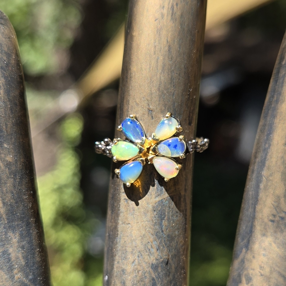 Opal Natural Sterling Rhodium & Gold Flower Ring Sz5.5 - Picture 3 of 9